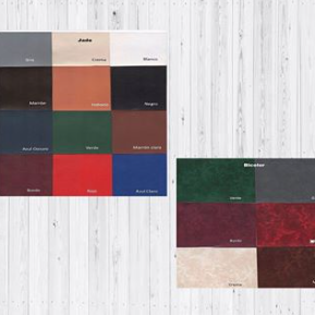 Cuadrícula de muestras de color sobre fondo de madera blanca, con una muestra de paleta de colores verde