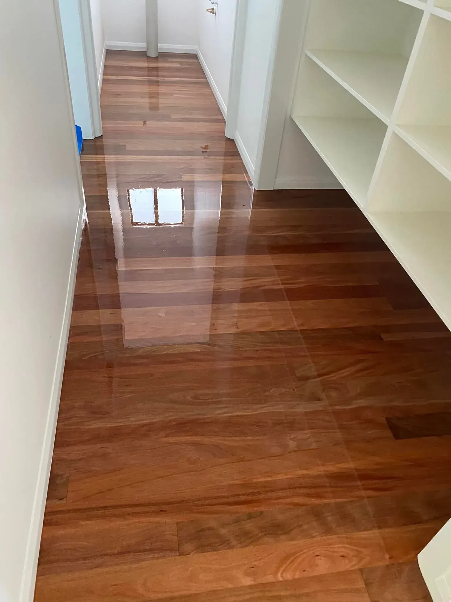A Hallway With Hardwood Floors And White Shelves In A House — AJ's Cleaning & Floor Sanding In Woree, QLD