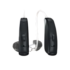 Two black behind-the-ear hearing aids with clear tubing, shown side by side on a white background
