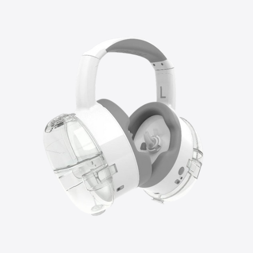 White over-ear wireless headphones with a gray headband, shown on a light background