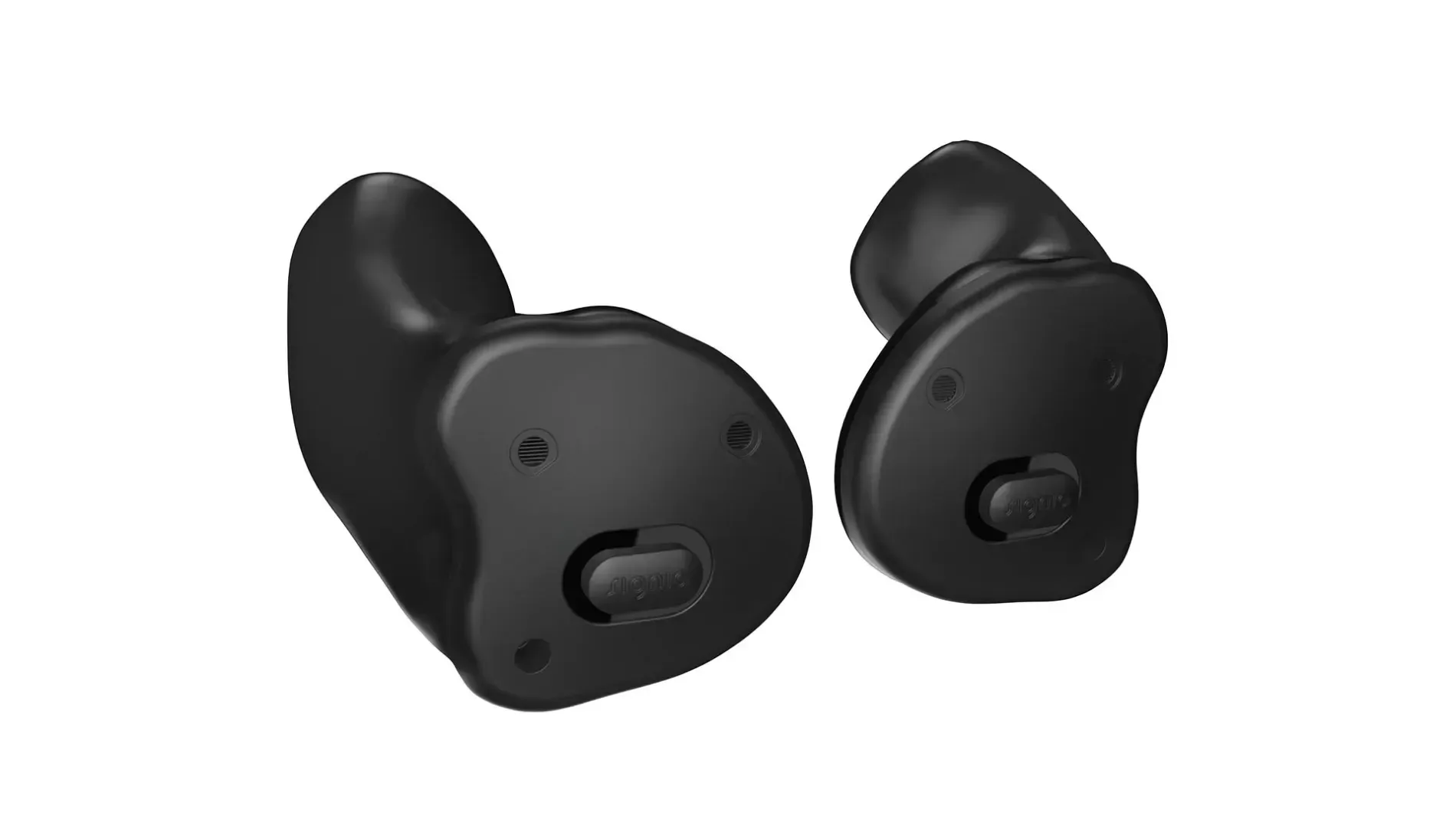 Black wireless earbuds with silicone tips on a white background