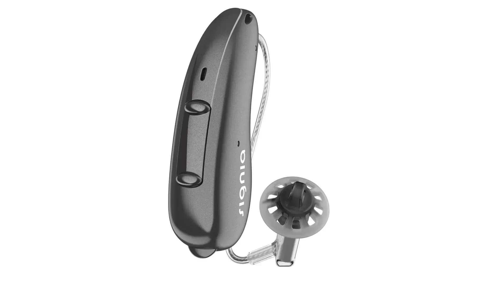 Black and silver hearing aid with ear mold and tubing on a white background