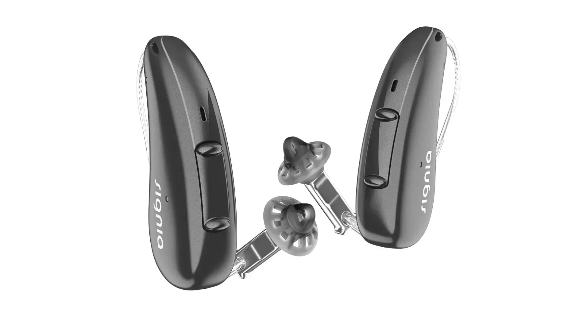Two black behind-the-ear hearing aids with silver earpieces on a white background