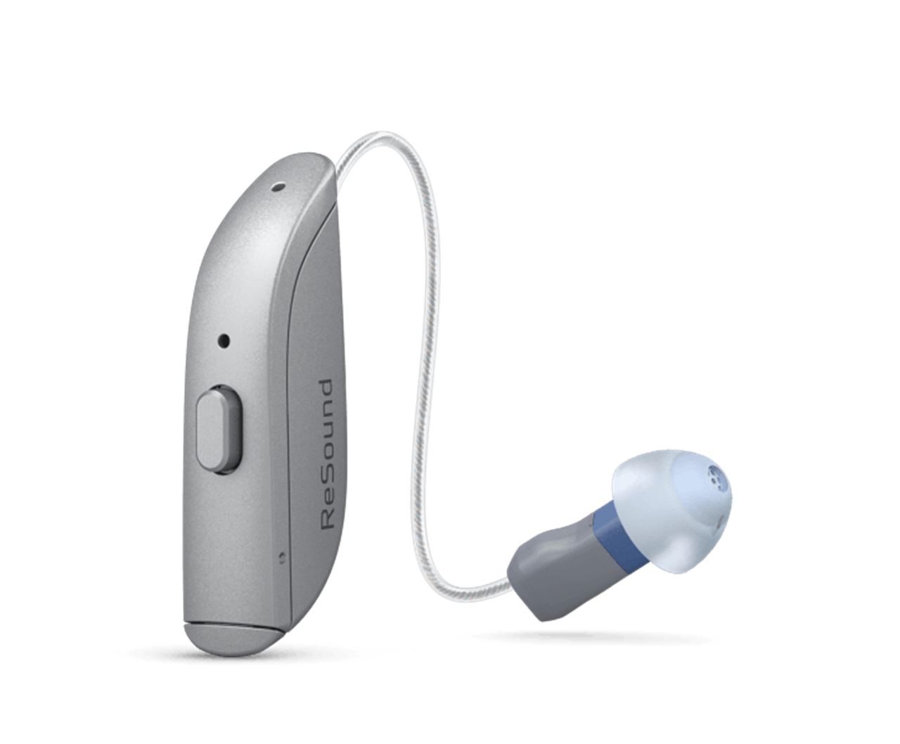 Gray hearing aid with blue-and-white ear tip and clear tube on a white background