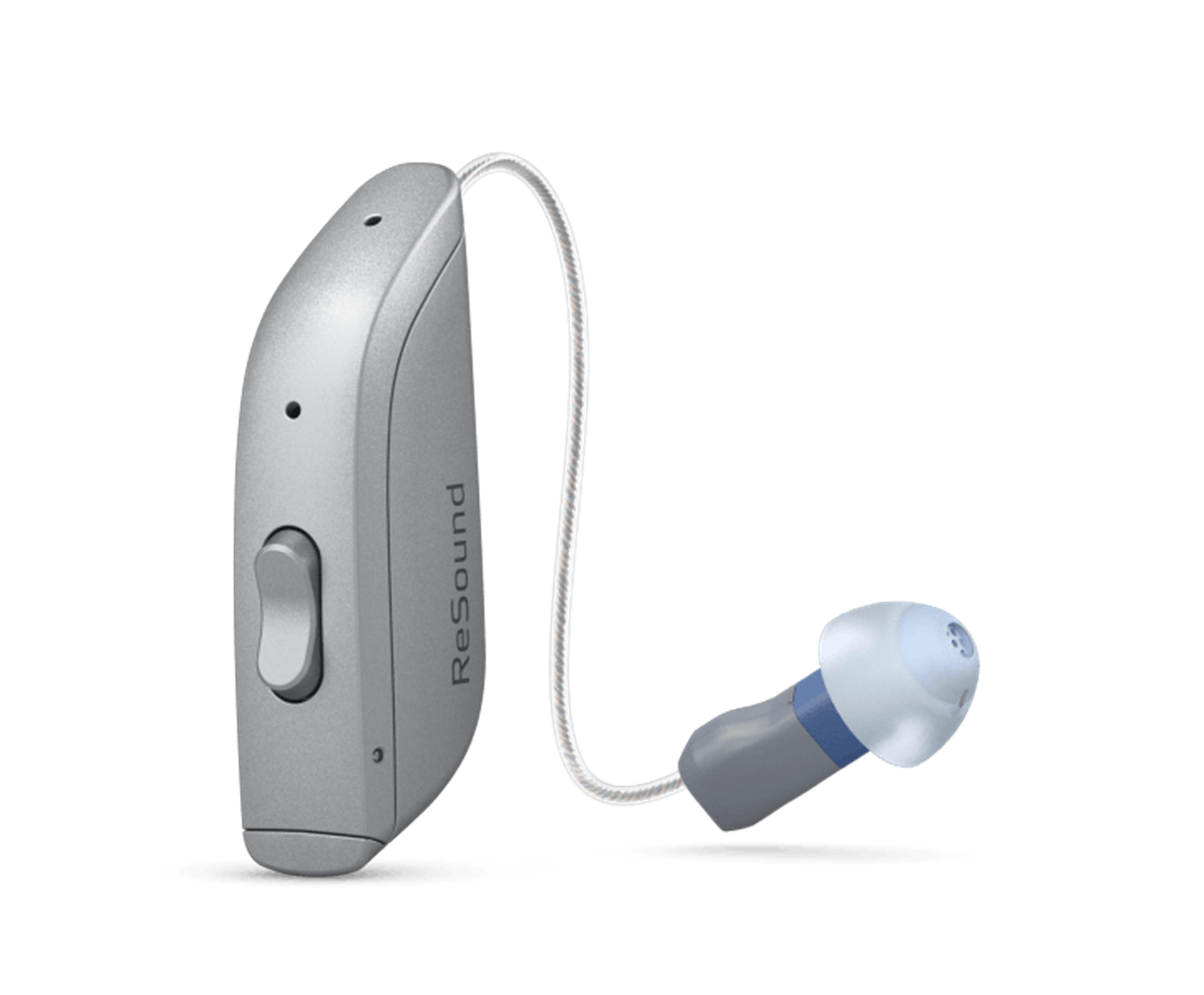 Gray hearing aid with clear tube and blue ear tip on a white background