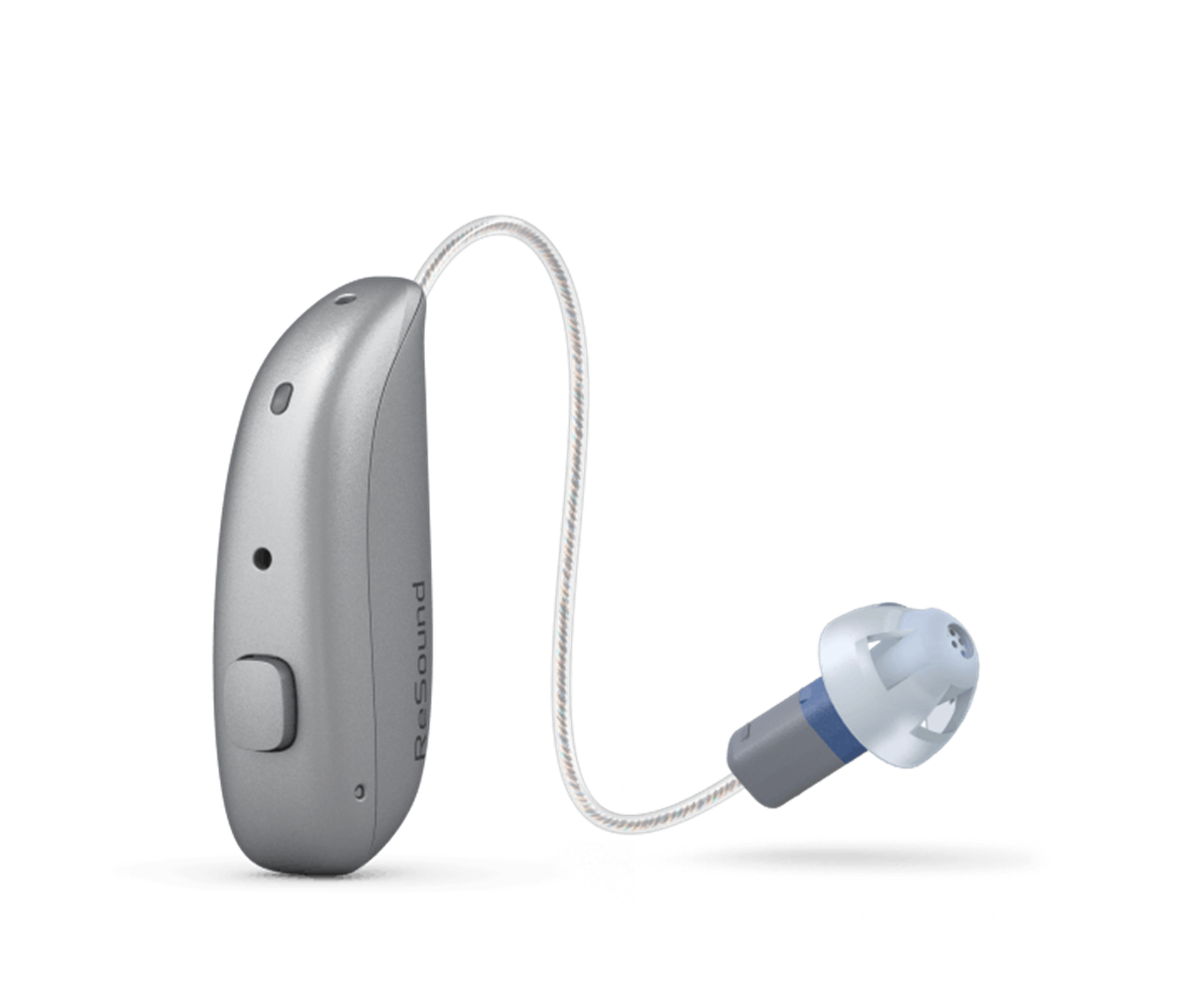 Silver behind-the-ear hearing aid with clear tube and earmold