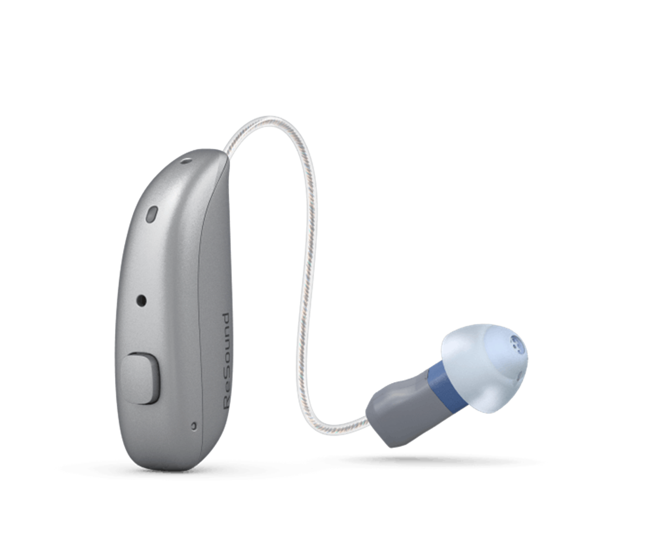 Silver hearing aid with a clear tube and blue-gray earpiece on a white background