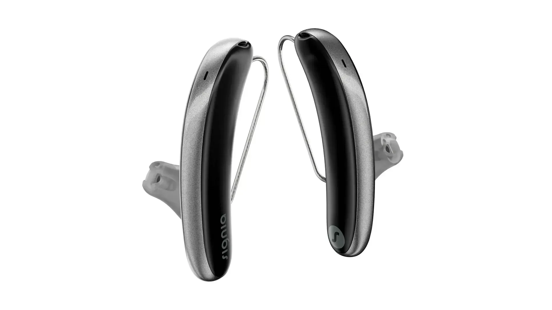 Pair of black-and-silver hearing aids on a white background