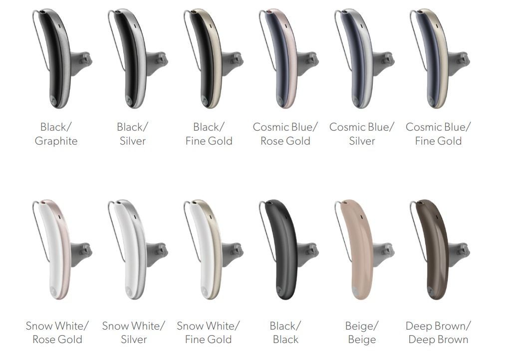 Chart showing side-profile hearing aids in various colors, arranged in two rows on a white background