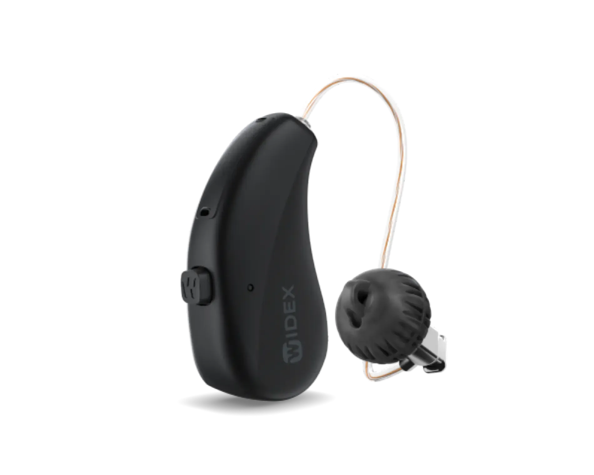 Black behind-the-ear hearing aid with attached clear tube and round earpiece on white background