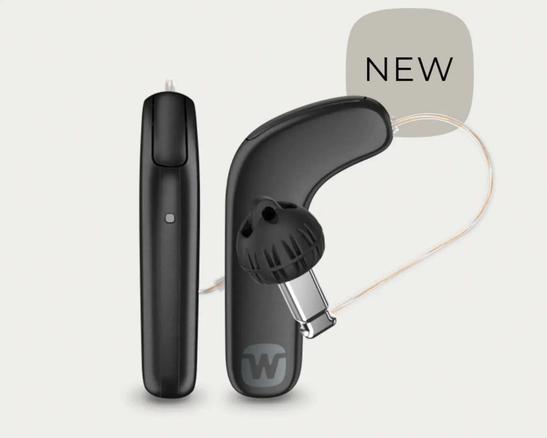 Black hearing aid with charging case and ear hook, labeled “NEW” on a light background