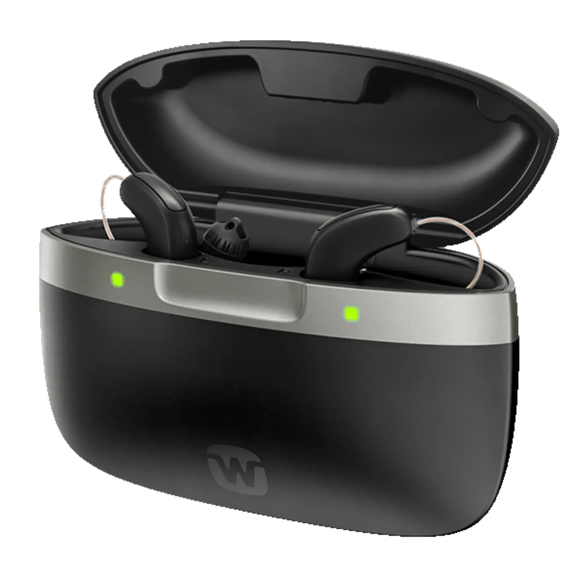 Black wireless earbuds in an open charging case with green indicator lights.