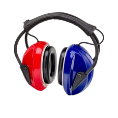 Red and blue over-ear hearing protection earmuffs with a black headband on a white background