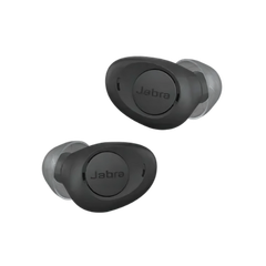 Two black Jabra wireless earbuds on a white background