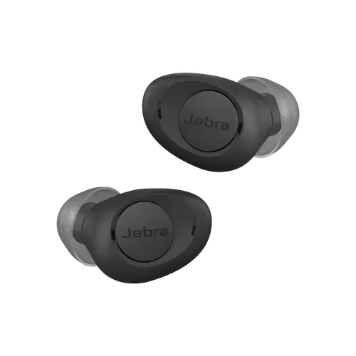 Pair of black Jabra wireless earbuds on a white background