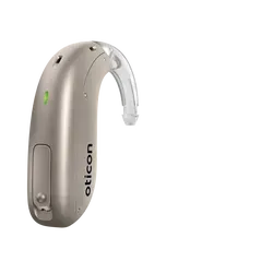 Beige Oticon behind-the-ear hearing aid with clear ear hook on white background