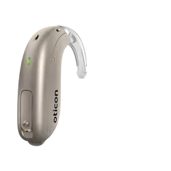 Beige Oticon behind-the-ear hearing aid on a white background
