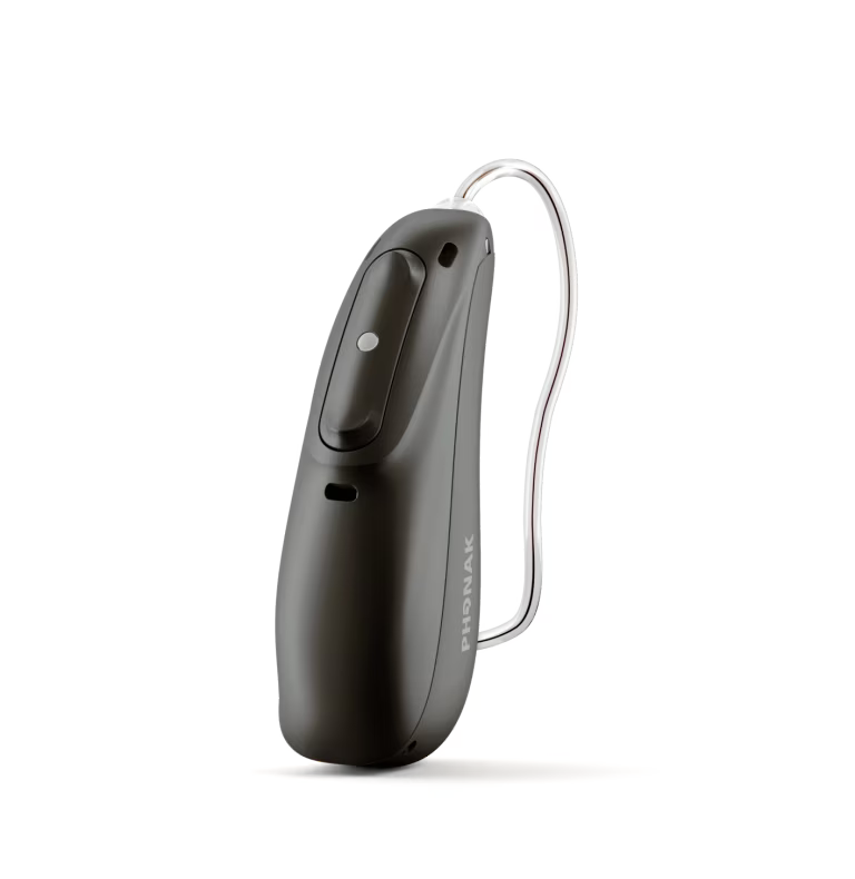 Black hearing aid with a silver wire on a white background