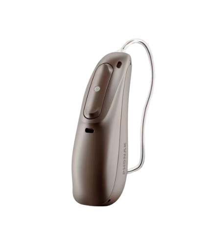 Brown hearing aid with a clear ear hook on a white background