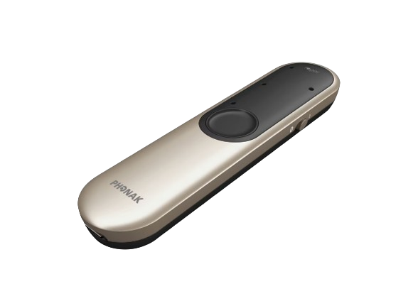 Silver handheld remote control with a black circular button on a white background