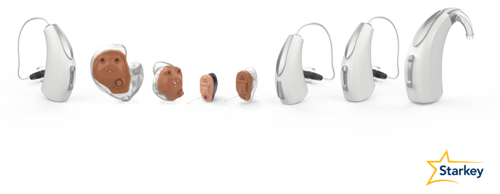 Starkey hearing aids shown in exploded view, white and tan components on a white background