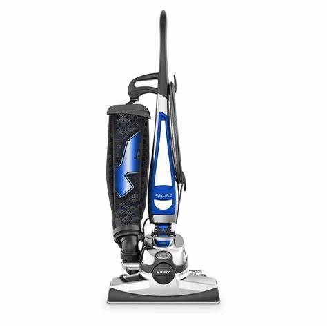 A blue and silver vacuum cleaner on a white background.