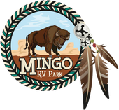 A logo for mingo rv park with a bison and feathers