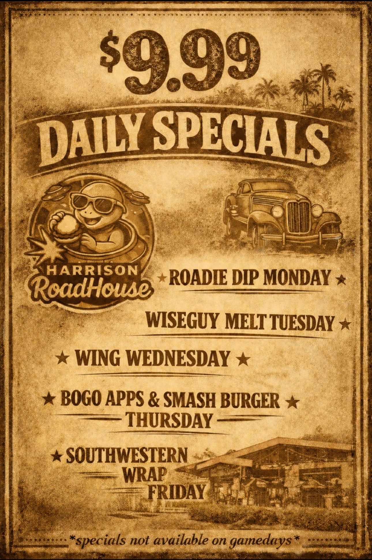 Sepia restaurant flyer listing $9.99 daily specials with wings, burgers, wraps, and roadie dip Monday.