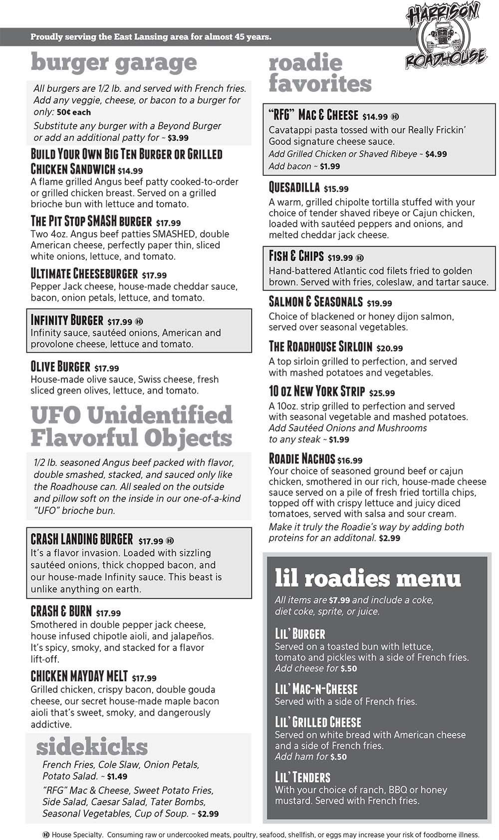Black-and-white flyer with restaurant listings and headings for burger, noodle, and roadie favorites.