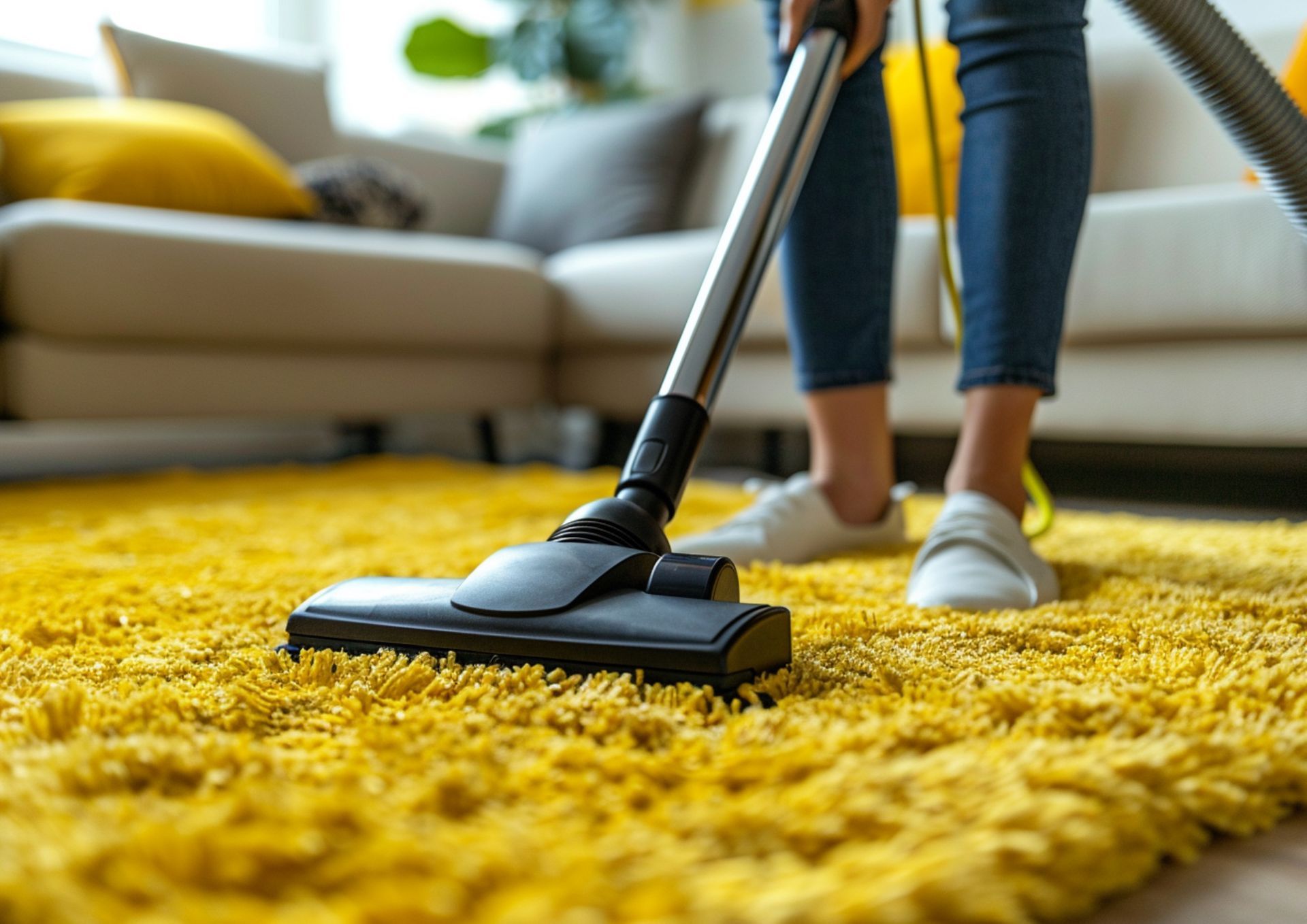 A woman is vacuuming a yellow rug in a living room.