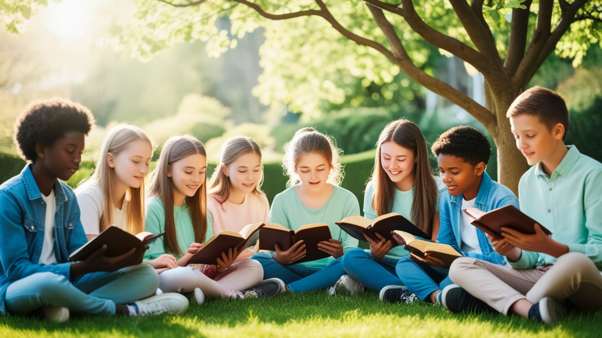 Students sit in a circle on grass under a tree, reading books outdoors in warm sunlight.