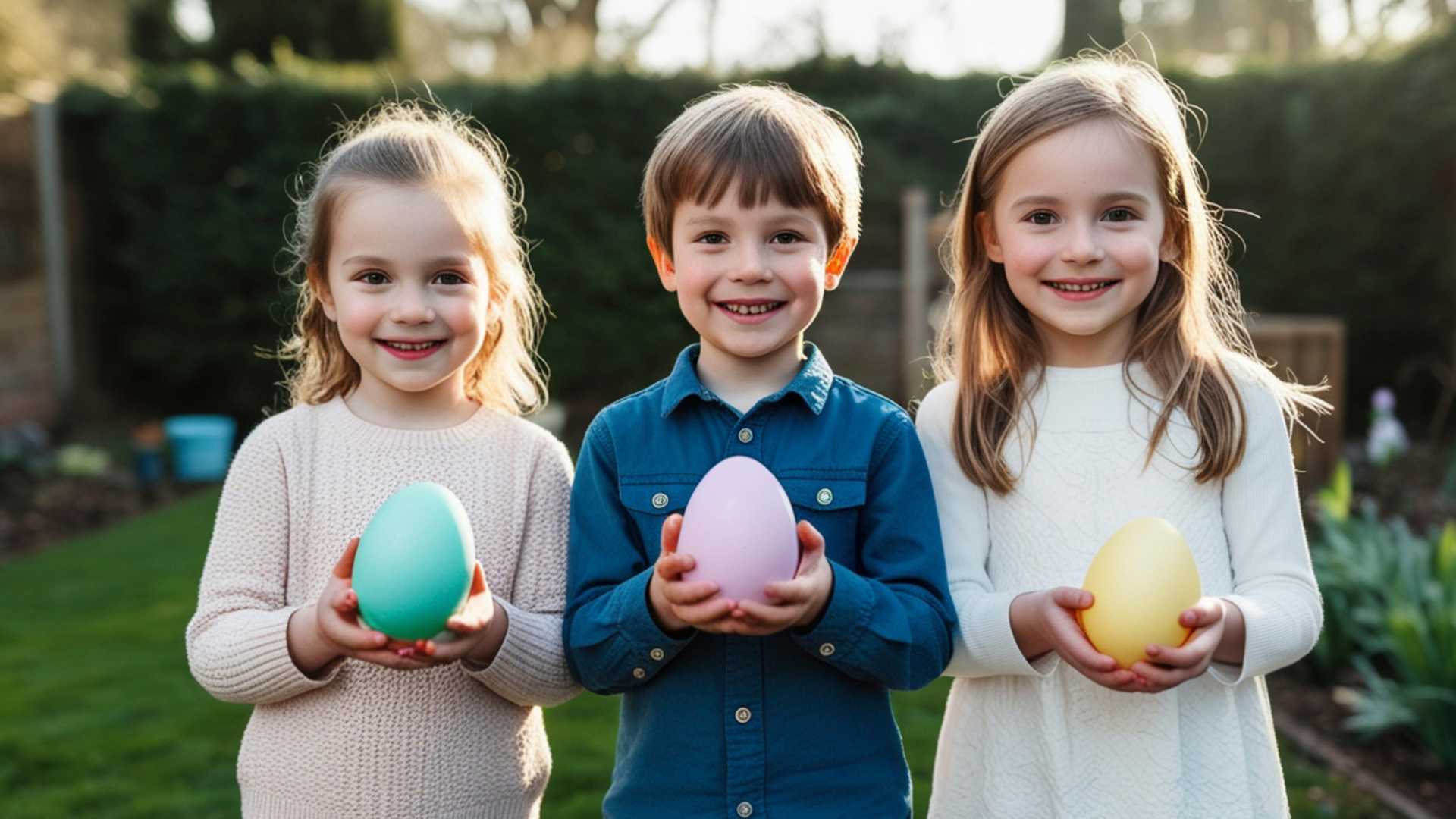 Three smiling children outdoors holding colorful eggs in a garden.