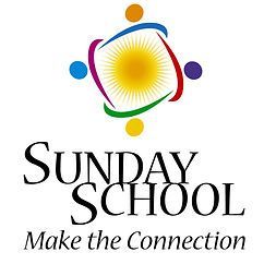 Sunday School logo with colorful circle and sunburst, tagline “Make the Connection”