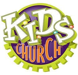 Kids Church logo with green gear, white and purple letters, and orange text on a black background
