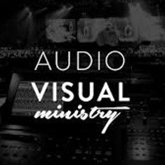 Black-and-white graphic reading “AUDIO VISUAL ministry” over a blurred audio mixer background