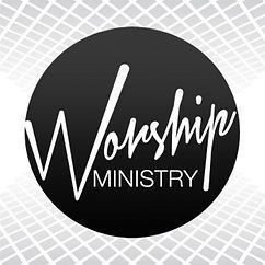 Black circular logo with white text reading “Worship Ministry” on a light geometric background