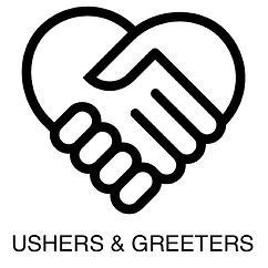 Black handshake forming a heart above the words “USHERS & GREETERS”