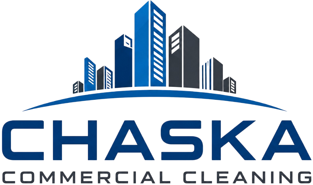 Chaska Commercial Cleaning logo with blue and gray city skyline above bold company name for professional commercial cleaning services Chaska, MN