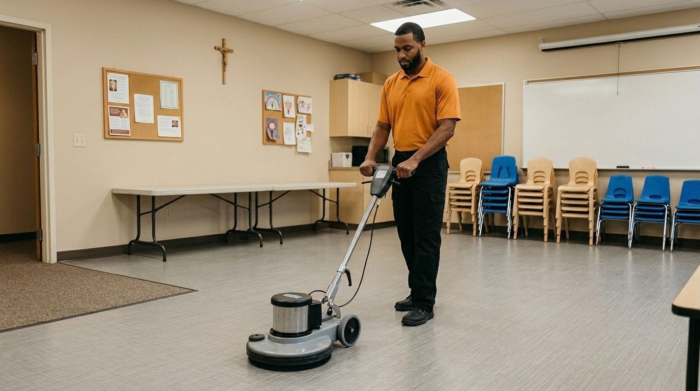 Professional Cleaner Buffing a Church Classroom Floor with a Floor Machine in Chaska, MN
