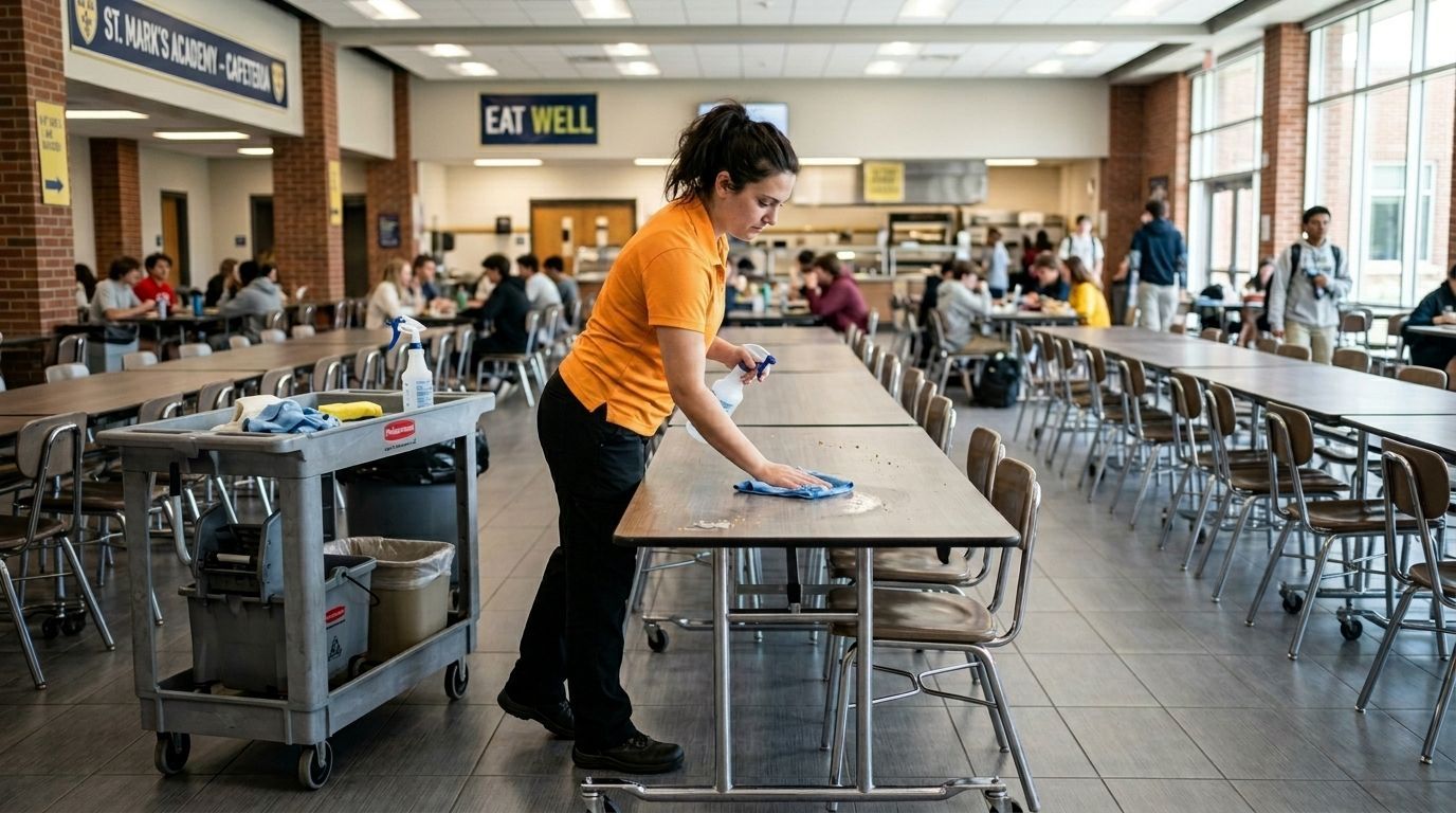 Professional Cleaner Disinfecting Cafeteria Tables inside a School Dining Area in Chaska, MN