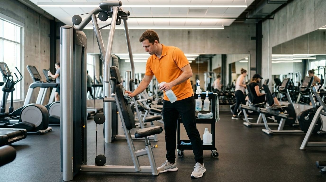 Professional Cleaner Disinfecting Gym Equipment inside a Fitness Center in Chaska, MN
