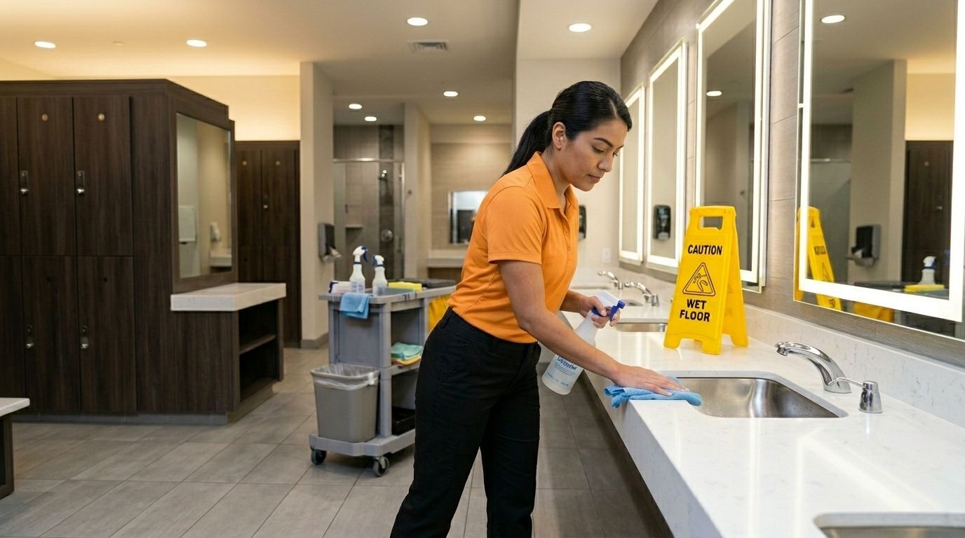 Professional Cleaner Disinfecting Locker Room Sinks inside a Fitness Center in Chaska, MN