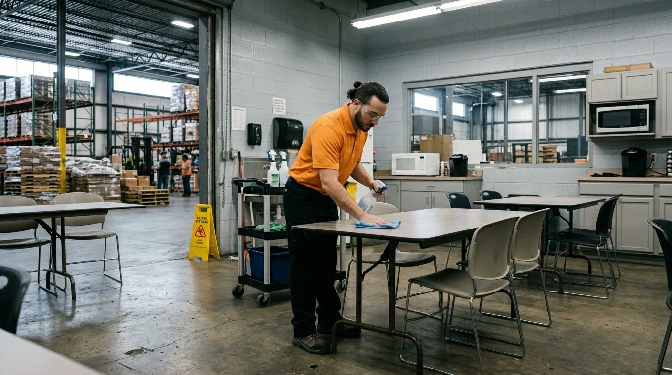 Professional Cleaner Disinfecting a Breakroom Table inside an Industrial Warehouse in Chaska, MN