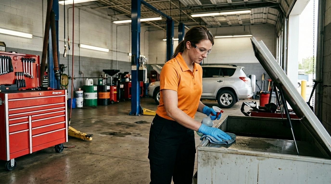 Professional Cleaner Disinfecting an Auto Service Bay Work Surface in Chaska, MN