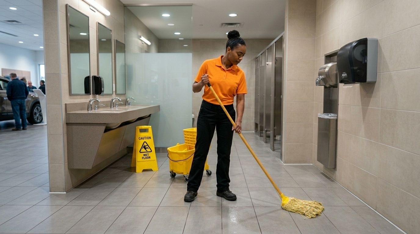Professional Cleaner Mopping a Commercial Restroom Floor in Chaska, MN
