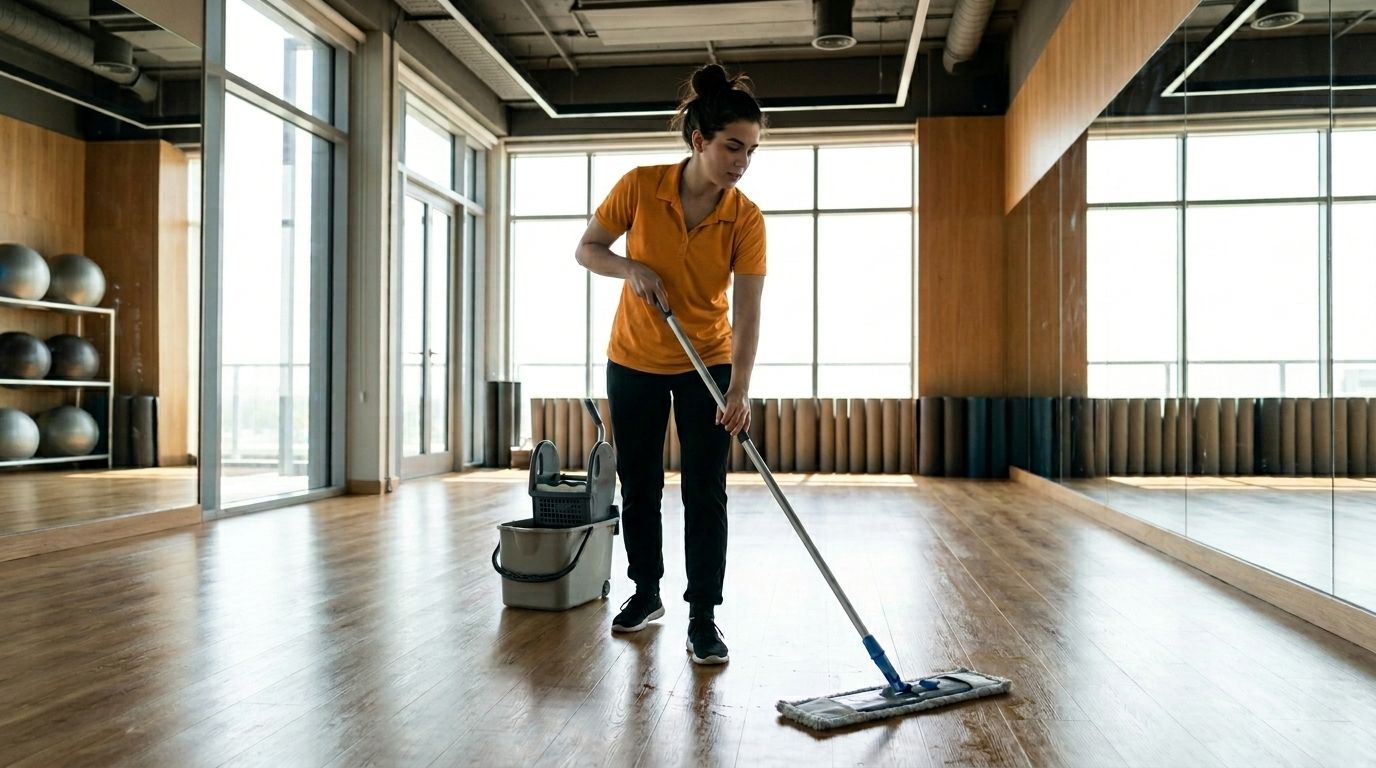 Professional Cleaner Mopping a Fitness Studio Floor in Chaska, MN