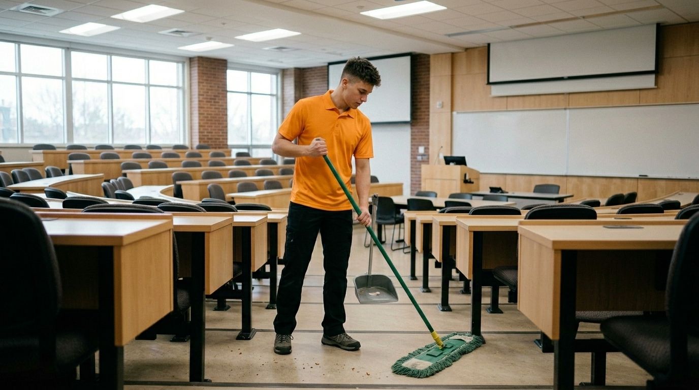 Professional Cleaner Mopping a Lecture Room Floor Between Classroom Desks in Chaska, MN