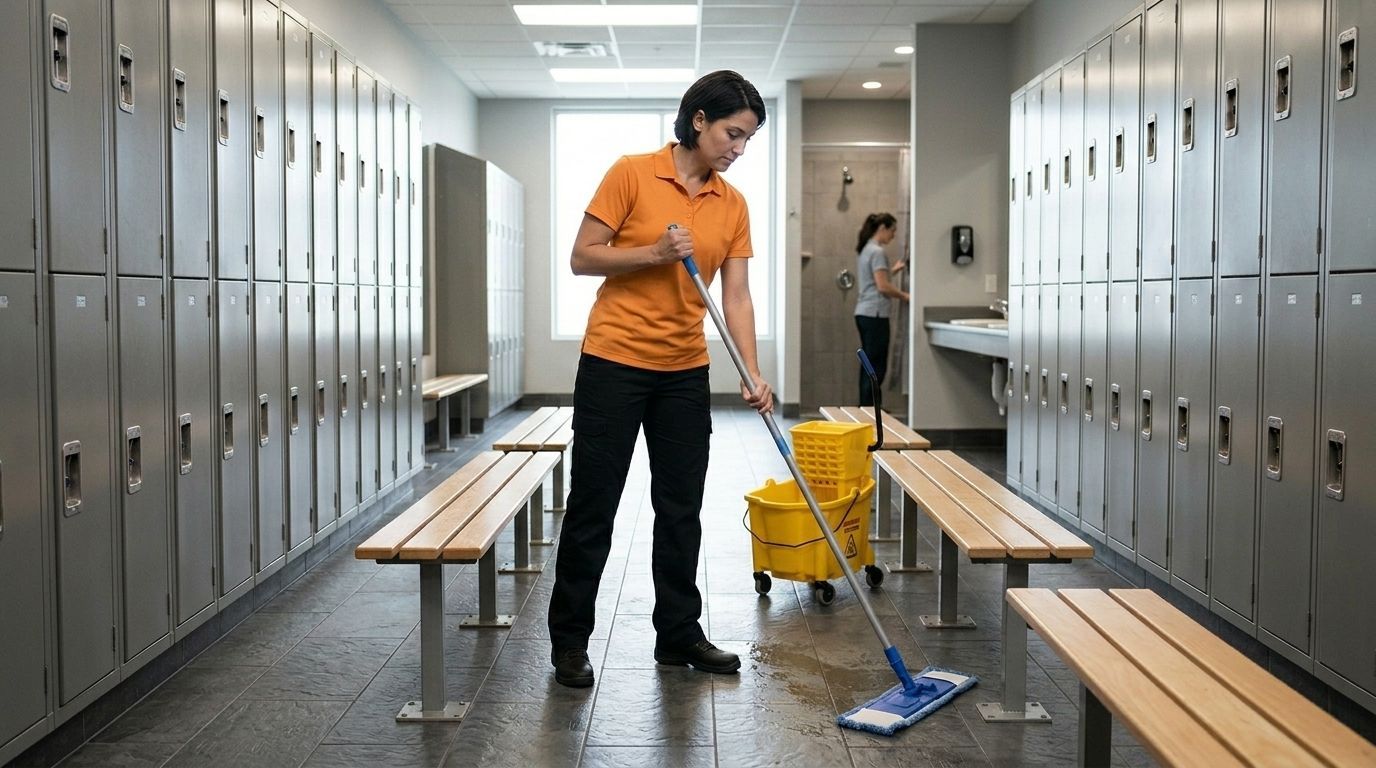 Professional Cleaner Mopping a Locker Room Floor inside a Fitness Center in Chaska, MN