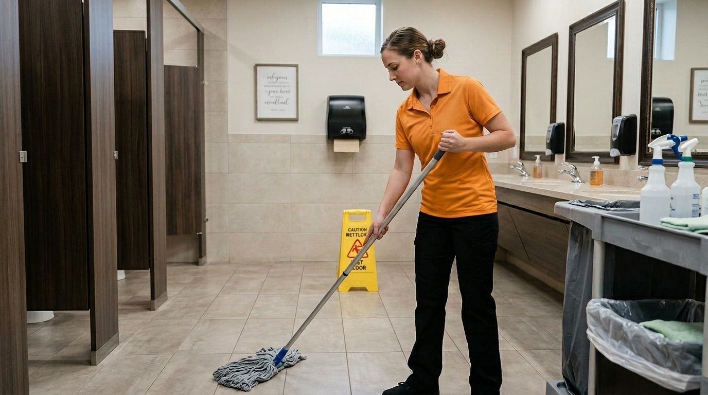 Professional Cleaner Mopping a Restroom Floor inside a Church Facility in Chaska, MN