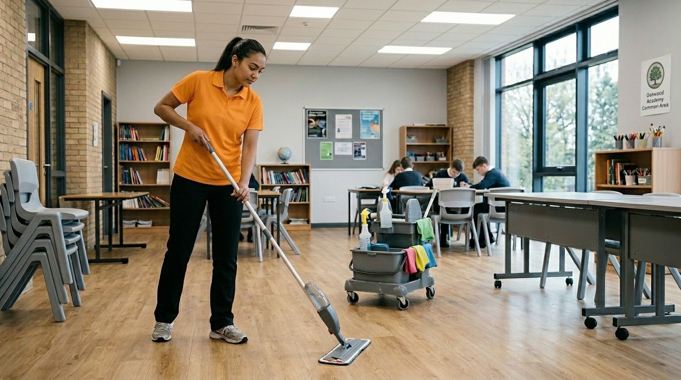 Professional Cleaner Mopping a School Classroom Floor with Students Nearby in Chaska, MN